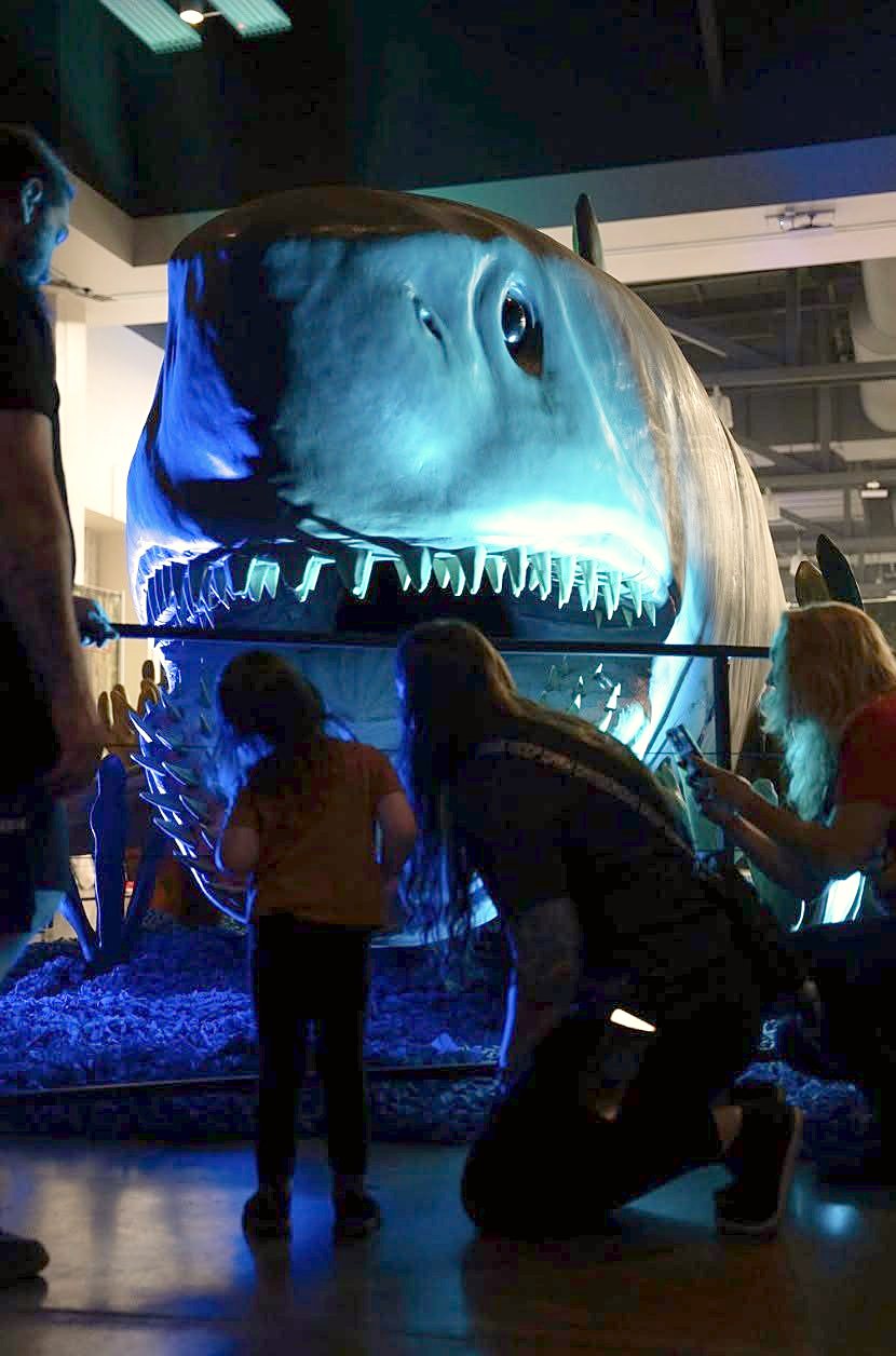 A giant Megalodon glowing blue